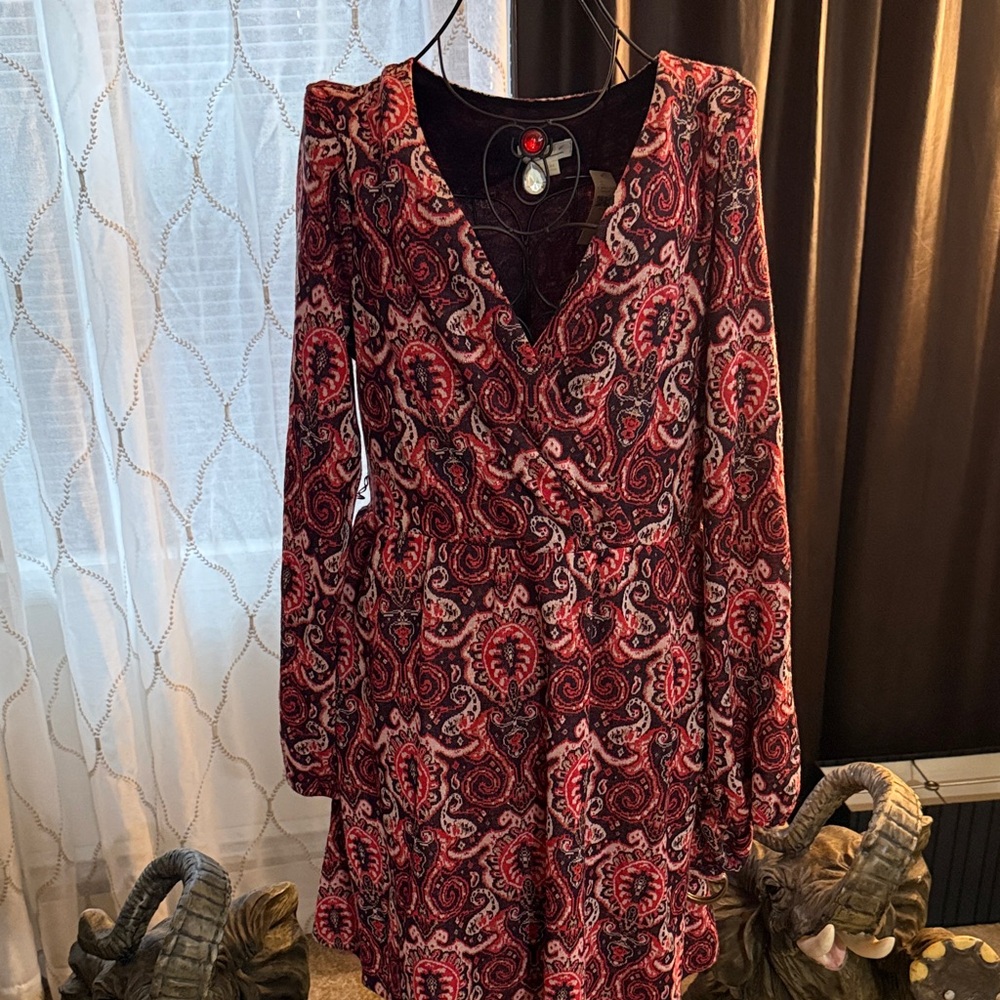 Anthropologie Red Paisley Long-Sleeve Wrap Dress